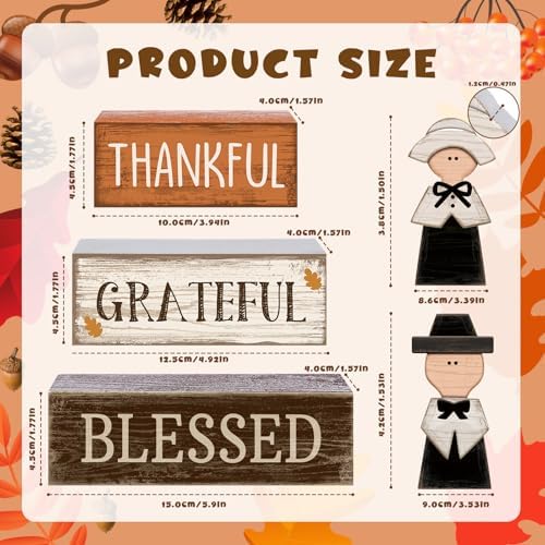 Lineshading 4 Pcs Wooden Fall Pilgrim Block Signs Tabletop Decor - Image 3