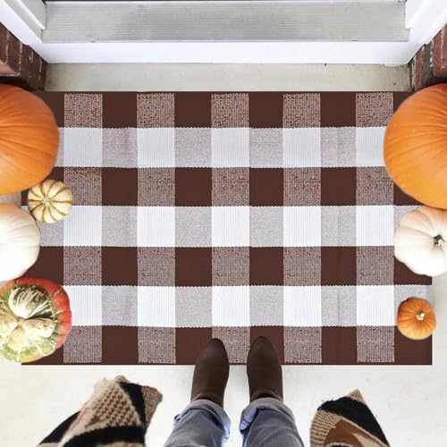 Buffalo Plaid Rug 28 x 43 Inches Fall Outdoor Front Door Decor Mat, Cotton Washable Hand-Woven Rug for Layered Doormat, Autumn Halloween Thanksgiving Carpet for Porch (Brown and White Plaid) - Image 6