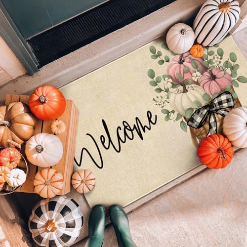 Fall Door Mat Outside,Pumpkin Eucalyptus Welcome Mat for Front Door,Thanksgiving Autumn Indoor Outdoor Non-Slip Rugs,Fall Doormat for Farmhouse Home Porch Decorations (Pink 30" x 17") - Image 6