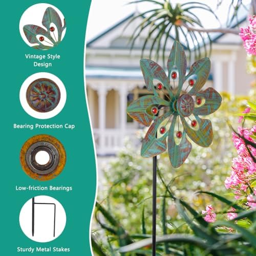 VEWOGARDEN 2 Pack Wind Spinners Outdoor, Metal Wind Spinner with Flower Design for Yard Garden Lawn Decorations, Copper Green - Image 4