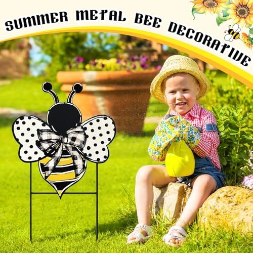 Weysat Summer Yard Sign Polka Dot Bee Metal Decoration Outdoor 13.7 Inch Summer Decoration for Home Outdoor Honey Bee Welcome Porch Decor with Stakes Waterproof for Garden Patio Lawn Party Walkway - Image 4