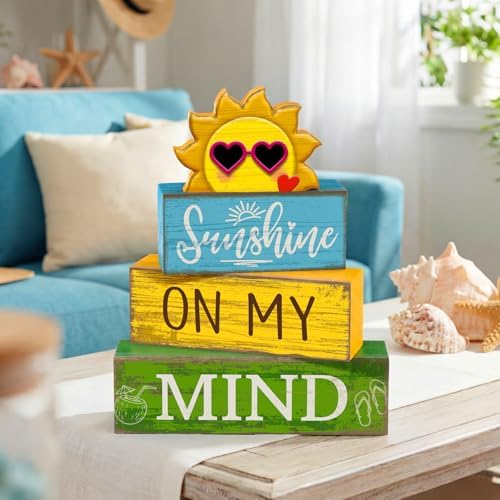 Lineshading 4 Pcs Summer Wooden Block Signs Table Decor Sunshine - Image 6