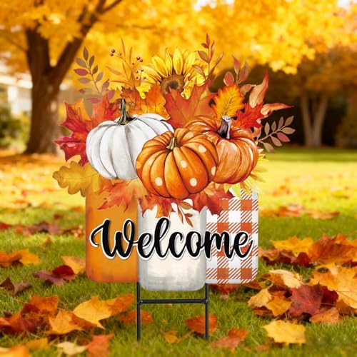 JarThenaAMCS Fall Metal Garden Stakes Autumn Sunflower Pumpkin Vase Decorative Lawn Sign Thanksgiving Welcome Yard Sign for Home Outside Lawn Porch Decor by JarThenaAMCS