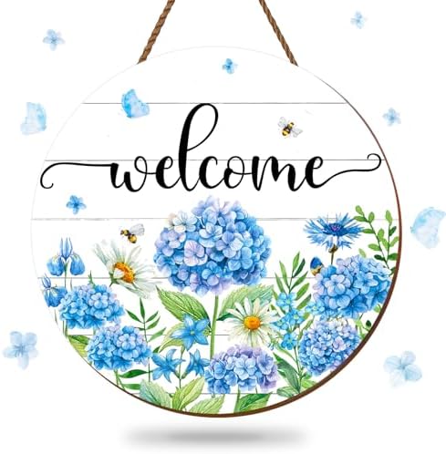 JarThenaAMCS Hydrangea Welcome Door Sign Wooden Floral Hanging Decor Spring Summer Wildflower Wreath Flower Door Hanger for Indoor Outdoor Porch Wall by JarThenaAMCS