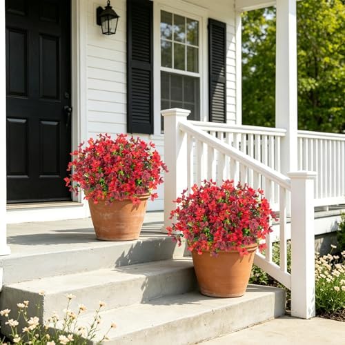 Artificial Faux Plants Flowers Outdoor Spring Summer Decoration, 12 Bundles Fake Silk Colorful Daisy Eucalyptus Realistic UV Resistant for Outside Home Planter Porch Patio Yard Decor (Red Brown) - Image 4
