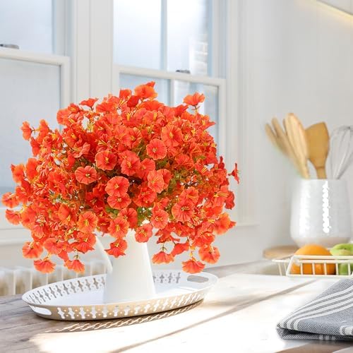 Artificial Flowers for Outdoors 12 Bundles Realistic Faux Plants UV Resistant Fake Silk Morning Glory with Eucalyptus for Front Door Planter Patio Porch Fall Thanksgiving Autumn Decoration (Orange) - Image 6