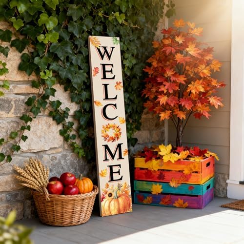 Farmhouse Autumn Wooden Welcome Sign Stand for Front Door, 47" Rustic Large Fall Welcome Porch Sign Wall Hanging for Outdoor Patio Garden, Vertical Tall Porch Leaner Decor for Thanksgiving - Image 5