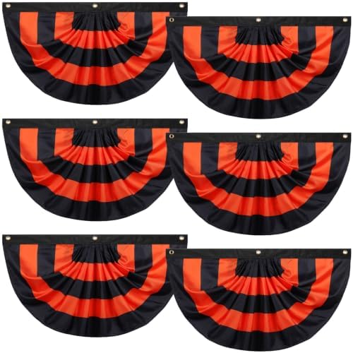 Newwiee 6 Pcs 3 x 1.5 ft Halloween Flag Bunting Half Fan Hanging Pleated Flag Banner with 3 Grommets for Halloween Indoor Outdoor House Party Holiday Yard Decorations Props, Black Orange by Newwiee