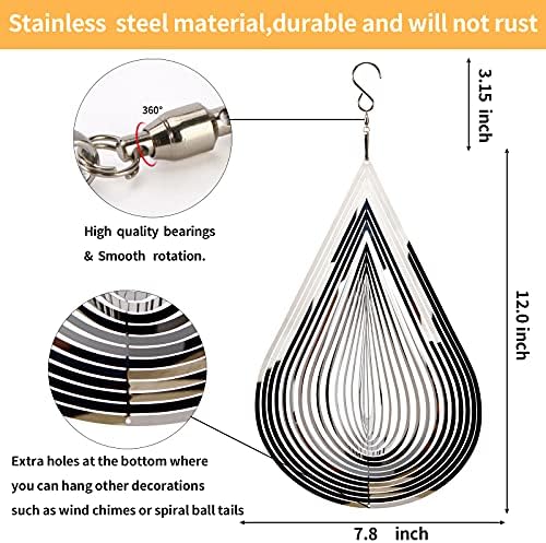 Wind Spinner Flowing-Light Effect Courtyard Decorations Made of Stainless Steel House Hanging Decoration 12“x 8“ Spinners with a 360° Rotating Hook (2 pcs Water Drop-Silver) - Image 5