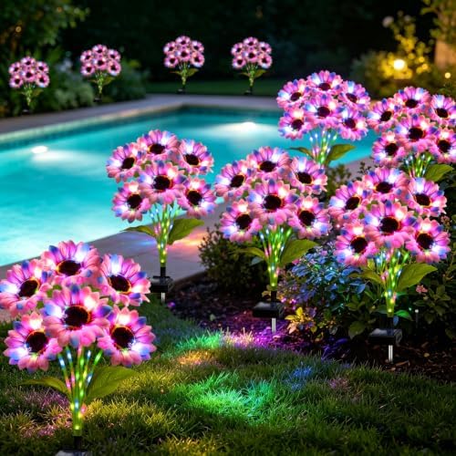 Solar Garden Lights Outdoor, 6 Pack Solar Multicolor Sunflower Lights with 18 Head 3.5 Inch Flowers, Waterproof Flowers Light Fall Decor Auto ON/Off for Garden Yard Patio, Gifts for Mom Women - Image 4