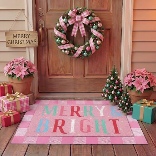 Drydiet 2 Pcs Christmas Doormat, Pink Merry & Bright Plaid Front Door Rug by Drydiet