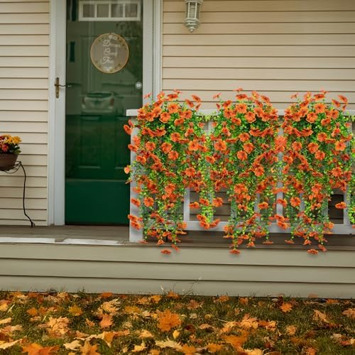 LikSoor 4 Pcs Artificial Outdoor Hanging Plants Fall Decoration UV Resistant Faux Silk Flowers for Outside, Garden, Porch, Window, Home Decor(Orange) - Image 5