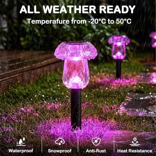 Solar Pathway Lights Outdoor 8 Pack Pink Garden Mushroom Decor - Image 3