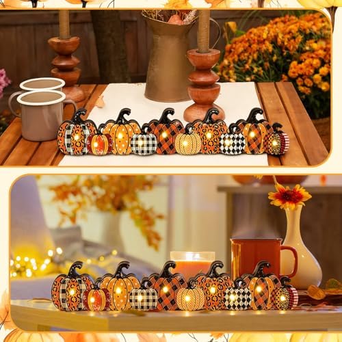 Yousoontic Fall Pumpkin Decor, LED Lighted Fall Table Centerpieces, Retro Plaid Leopard Wooden Pumpkin Sign Decorations 3D Block Farmhouse Decor for Autumn Harvest Thanksgiving Home Mantel Party - Image 6
