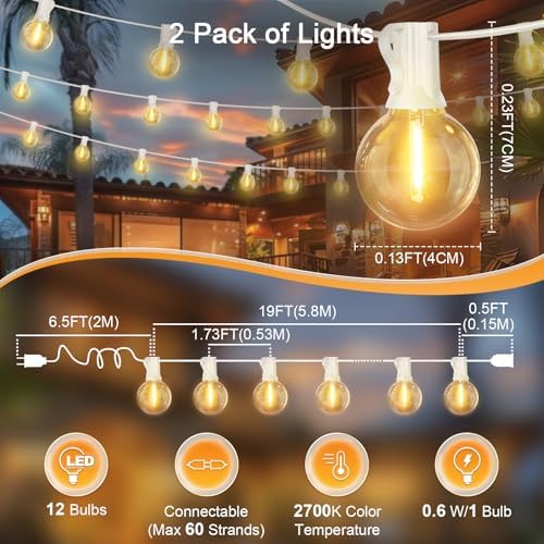 LAMPHOME 26FT LED Outdoor String Lights, 2 Pack12+1 Shatterproof G40 Edison Bulbs, Connectable & Weatherproof Commercial Grade Patio Lights, Warm White Backyard Decorative Lighting - Image 2
