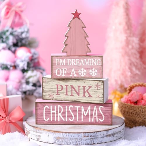 Lineshading 4 Pcs Wooden Christmas Decor Pink Tree Signs Tiered Tray - Image 2