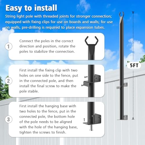 Beizelte 2 Pack 5Ft String Light Poles,Outside String Lights,Outdoor Light Poles,Metal Poles Stand for Patio,Backyard,Deck - Image 7