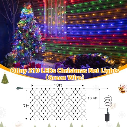Ollny Net Lights Outdoor Mesh Light, 210LED 10x7ft Green Wire Christmas Net Lights, IP67 Waterproof, 8 Modes Plug in Bush Light for Tree Shrubs Outside Patio Decorations, Multicolor - Image 3