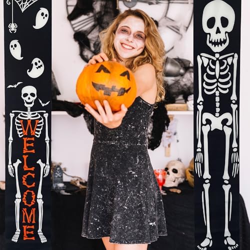 Halloween Banner Decorations Outdoor Indoor Happy Halloween Decor Trick or Treat Decorative Hanging Banners Porch Welcome Signs for Front Door Outside Yard Garland Party Supplies (Skeleton) - Image 4
