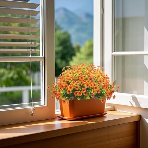 Grunyia Artificial Fake Flowers for Outdoor Spring Decoration, 16 Bundles Faux Silk Colorful Daisy UV Resistant Realistic for Outside Porch Patio Home Yard Garden Planters Pots Window Box (Orange) - Image 5