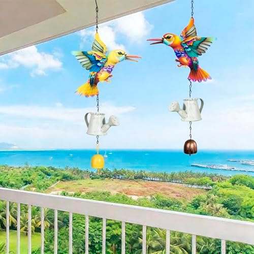 Metal Hummingbird Hanging Decor, Bird Wind Chime Bell Hanging Decor for Outdoor Garden Yard Doors Walls Living Rooms Bedrooms, 2 Pack (Bird-c-Kettle) - Image 6