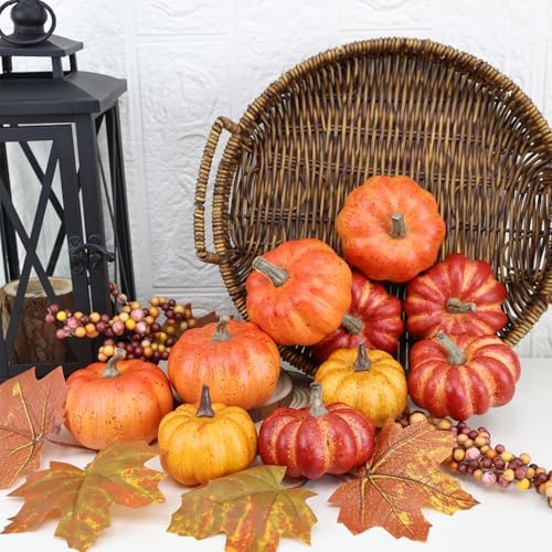 Realistic Mini Pumpkin Decor Indoor 16PCS Artificial Pumpkins for Fall Decorations for Home Fall Centerpieces for Tables Outdoor Thanksgiving Halloween Party/Berries Maple Leaf Autumn Fillers decor - Image 2