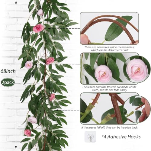 RECUTMS Artificial Hanging Silk Willow Leaves Vine Twig Whit Rose 2Pc 5.7Ft - Image 6