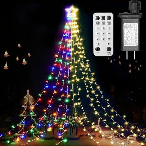 BlcTec Outdoor Christmas Decorations with Remote, 317 LED Color Changing Christmas Lights with 9 Strands 11.9ft Waterfall Lights, 11 Modes, Waterproof & Timer for Xmas Décor, Multicolor & Warm White by BlcTec