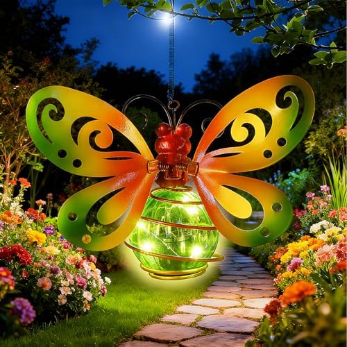 2 Pack Butterfly Garden Decor with Bouncy Springs Pendant Lights Birthday Gifts for Women Mom,Hanging Solar Lights Outside Waterproof Metal Solar Outdoor Decoration for Yard, Porch,Patio,Backyard - Image 2