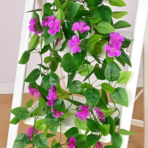 BLEUM CADE Artificial Hanging Flowers for Outdoors, 4pcs Fake Hanging Plants Pothos Vines with Purple Flowers for Wall Home Living Room Indoor Outdoor Decor (No Baskets) - Image 3