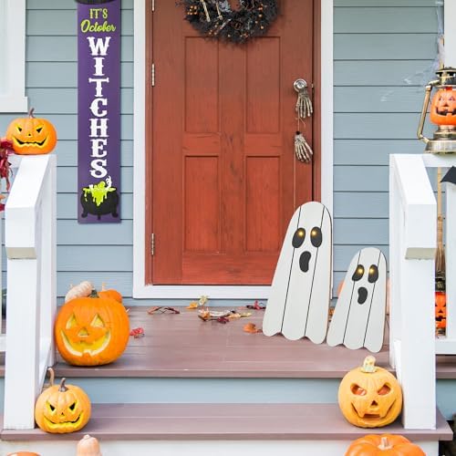 Glitzhome Set of 2 Halloween Lighted Wood Ghost Porch Decor - 24" H & 18" H Handcrafted Solid Wood Ghost Signs with Metal Display Stand for Farmhouse, Front Door Outdoor Yard Halloween Decorations - Image 6