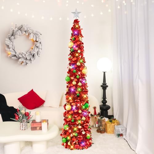 N&T NIETING Pop Up Christmas Tree with Lights & Ornaments, 6FT, Red - Image 2