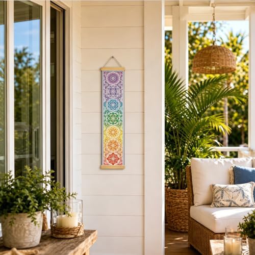Chakra Mandala Porch Decor Banner, 31.5 x 7.8 Inch Canvas Hanging Banner with Wooden Rods, Rainbow Meditation Wall Accent for Entryway, Yoga Room, Patio, Indoor Outdoor Display - Image 6