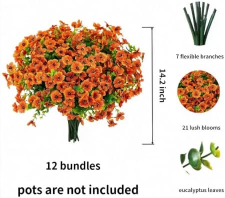 Artificial Outdoor Flowers UV Resistant Fake Plants Greenery 12 Bundles Faux Silk Daisy with Eucalyptus Leaves Summer Fall Outdoor Decor for Porch Patio Yard Garden Farmhouse, Orange - Image 3