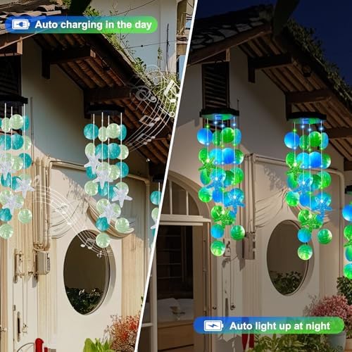 (New) Gift for Women Wife Sister Grandma Mom, Solar Wind Chimes, 2 Modes Natural Shells Outdoor Wind Chime for Garden Yard Window Decor - Blue&Green - Image 2
