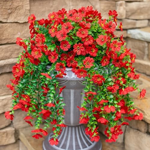 INSPRING Artificial Faux Outdoor Outside Flowers Plants, 2 PCS Fake Silk UV Resistant Look Real Red Daisy Trailing Vines for Front Door Porch Planter Urn Patio Balcony Decoration - Image 6