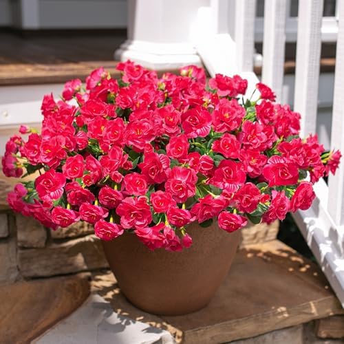 HyeFlora Artificial Faux Outdoor Flowers Plants for Spring Summer Decoration, Fake Silk Hotpink Camellia UV Resistant Look Real for Planter Outside Front Door Porch Patio Balcony, 3 Large Bundles - Image 3