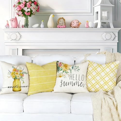 RABUSOFA Daisy Floral Vase Hello Summer Pillow Covers Set of 4,Seasonal Yellow Striped Outdoor Decorative Cushion Case Summer Decorations for Home Decor 18x18 Inch - Image 6
