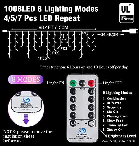 Christmas Icicle Lights Outdoor Decorations 1008 LED 98.4 FT Icicle String Lights with 189 Drops, 8 Modes Curtain Fairy Icicle Lights for Christmas Wedding Party Eaves Patio Yard (Warm White) - Image 5
