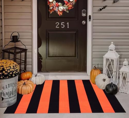 Striped Layered Doormat 27.5"x43",Orange Black Farmhouse Front Porch Rug - Image 5