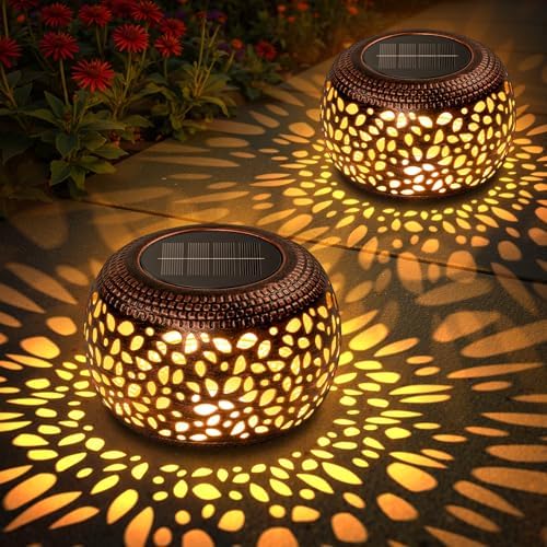 Solar Lanterns Outdoor Waterproof: 2 Pack Hollowed-Out Retro Metal Lantern Lights - Solar Lantern Decorative - Gifts for Women Mother's Day, Outside Garden Yard Patio & Indoor Tabletop Decor by BONLION