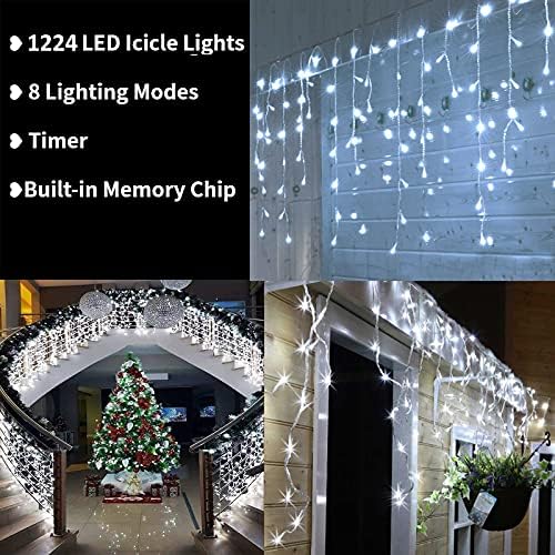 Toodour Christmas Icicle Lights Outdoor, 1224 LED 100ft 8 Modes Fairy Icicle String Light with 204 Drops, Led Christmas Lights Twinkle for Holiday, Party, Wedding, Eaves, Xmas Decorations (White) - Image 2