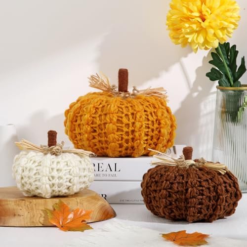 Briful Large Handmade Knitted Pumpkins Set of 3 – Cozy Autumn Fall Décor, Christmas Decorations, Thanksgiving Gifts, Caramel, Brown & Cream – 8in/6 1/4in/5 1/2in - Image 7
