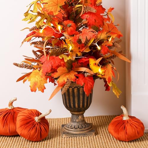 Glitzhome 2 Pcs Fall Maple Trees with Lights & Timer, 36''H Lighted Artificial Urn Potted Porch Tree with 20 Warm White LEDs, Decorative Fall Front Door Trees for Outdoor Indoor Porch Entryway - Image 5