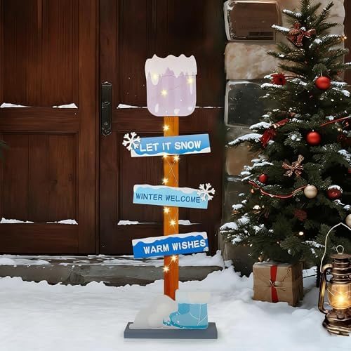 Lighted Wooden Christmas Porch Sign | Let It Snow Winter Welcome Porch Decor |Xmas Hat Gloves Candy Cane Wood Signs for Winter Wonderland Bule Christmas Decorations by Unknown