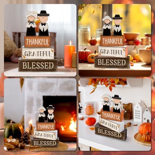 Lineshading 4 Pcs Wooden Fall Pilgrim Block Signs Tabletop Decor - Image 4