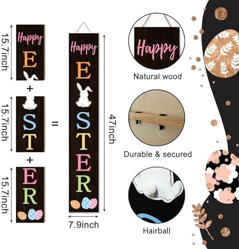 Easter Porch Sign Bunny Rabbit Welcome Sign Vertical Standing Sign For Front Porch Decor Farmhouse Wall Hanging for Patio Yard Party Indoor Outdoor Holiday Decoration 47.2"H Black - Image 3