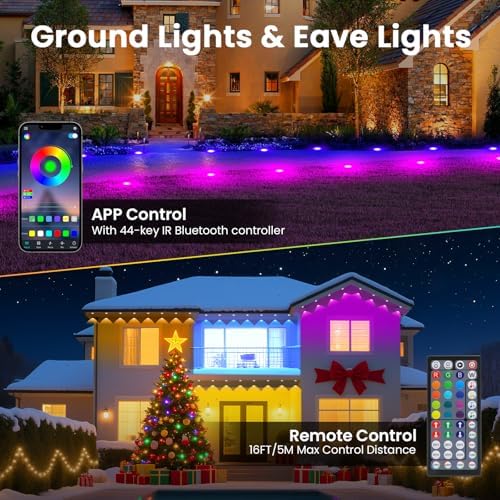 Led Outdoor Ground Lights, Permanent Outdoor Lights for House with RGB Color Changing, Bluetooth Music Sync, IP67 Waterproof, Timer for Eaves Swimming Pool, Beach, Grassland (200 FT) - Image 2