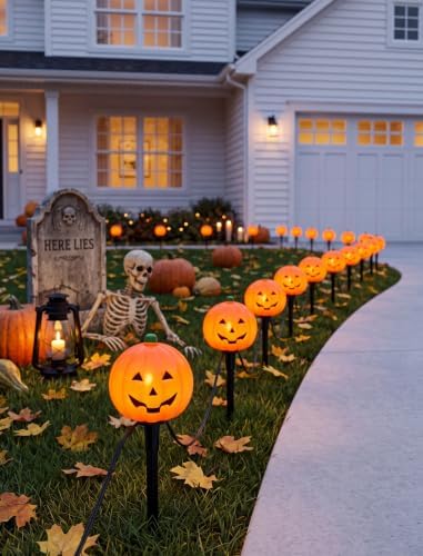 SUNSGNE Halloween Pathway Lights Outdoor, Set of 4 Halloween Pumpkin Stake Lights, Connectable Jack-O-Lantern Walkway Light for Holiday Garden Party Driveway Lawn Lighting Decor - Image 5