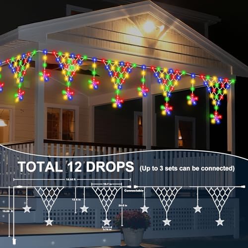 Christmas Outdoor String Lights Waterproof, 218 LED 13.8FT Star Curtain Fairy Lights with 11 Drops Connectable Clear Wire Christmas Light Decorations 8 Modes for Eaves Yard Wedding Party Holiday Decor - Image 6
